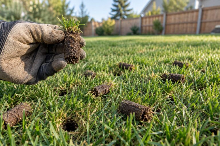 Small soil cores showing the process of lawn aeration