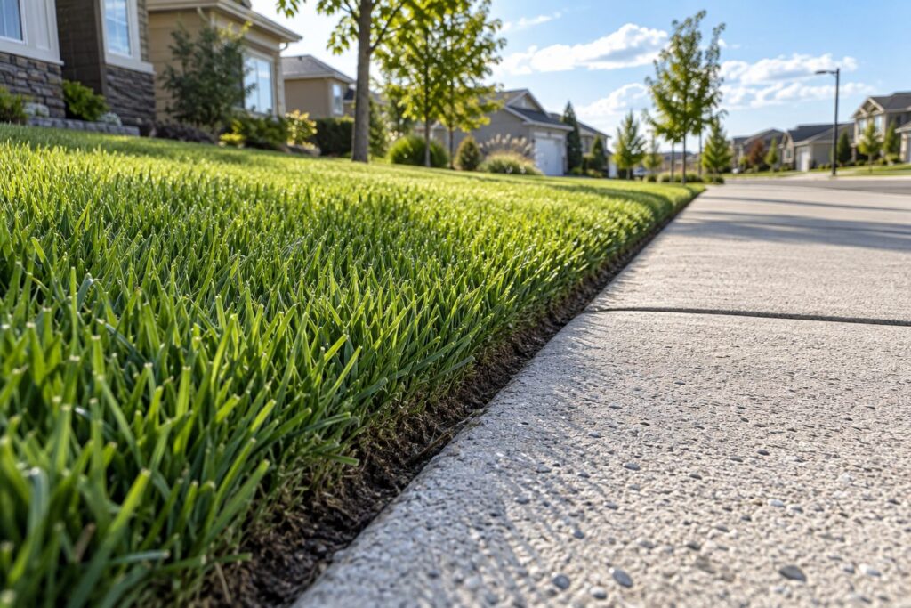 Cleanly defined grass edge beside a concrete sidewalk