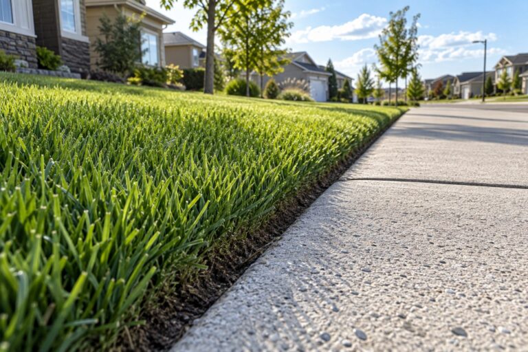 Cleanly defined grass edge beside a concrete sidewalk