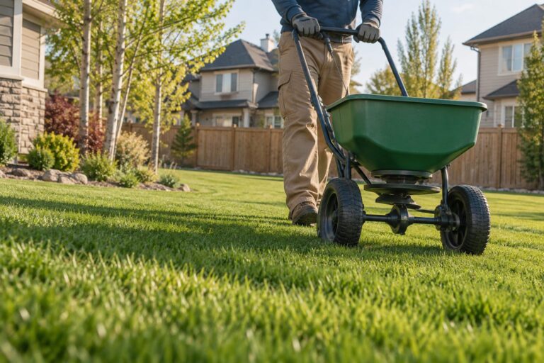 Walk-behind broadcast spreader on a residential lawn