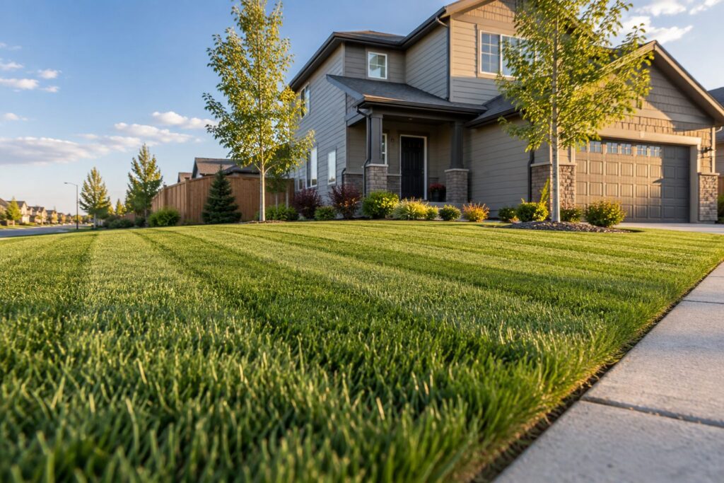 Freshly mown lawn beside an Airdrie-style suburban home in golden sunlight