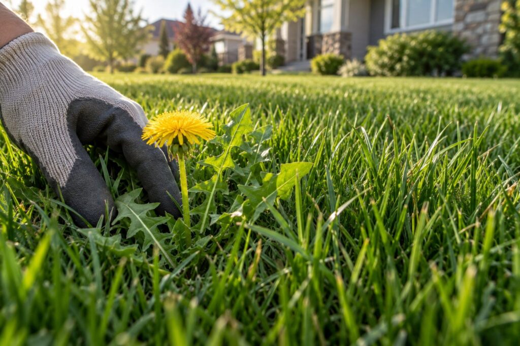 Close inspection of a dandelion growing in lawn grass