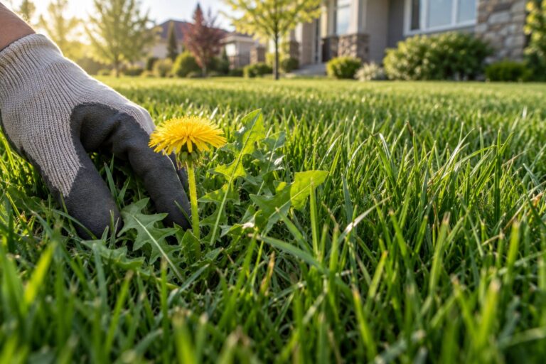 Close inspection of a dandelion growing in lawn grass