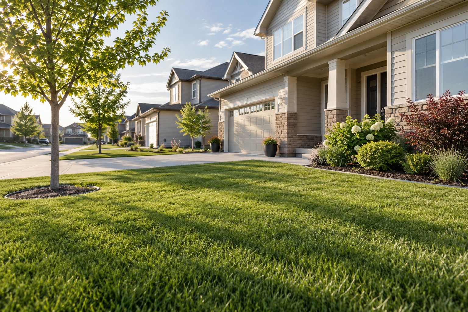 Illustration of a neatly maintained lawn in an Airdrie-style residential neighbourhood