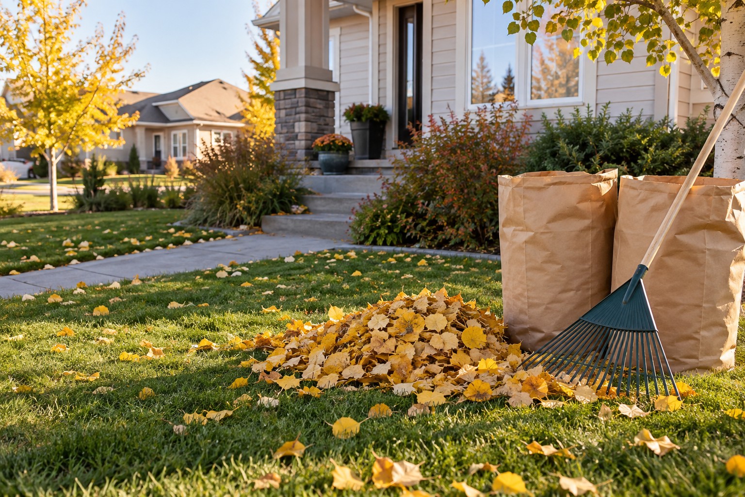 Illustration of autumn leaves gathered for cleanup beside a residential lawn