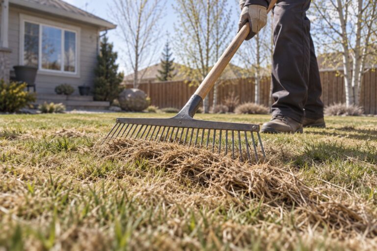 Raking dry thatch from a residential lawn in spring